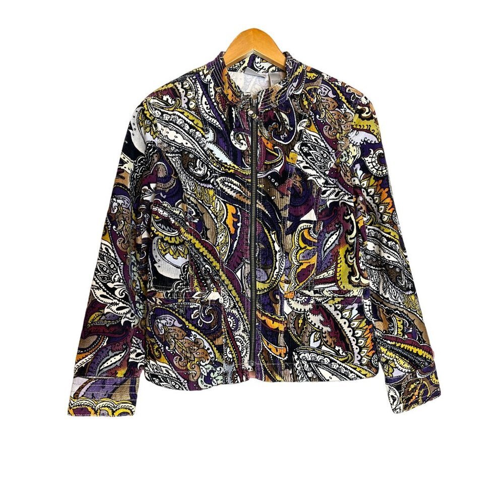 Chico's Women's Floral Paisley Print Corduroy Full Zip Jacket Long Sleeve Size 0